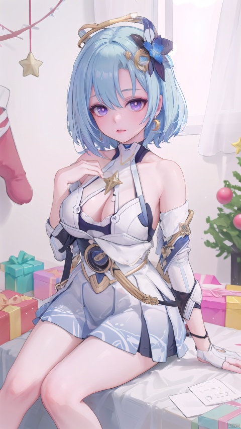  1 girl, solo, portrait, in Sexy off-the-shoulder Christmas skirt, look at viewer, blue eyes,Cool tone, Professional studio, Behind is the Christmas tree and Christmas presents, short hair, necklace, earings, elegant, , light master

dglx, 1girl, gloves, purple eyes, blue hair, 