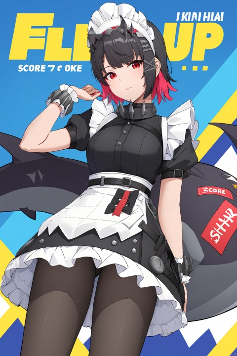 score_9,score_8_up,score_7_up,best quality,masterpiece,source_anime,8k,best quality,masterpiece,(ultra-detailed),(high detailed skin),
magazine, (cover-style:1.1), fashionable, vibrant, outfit, posing, front, colorful, solo, looking at viewer, 
Ellen Joe, maid, shark tail, (shark girl:0.5), 1girl, red eyes, tail, pantyhose, multicolored hair, black footwear, short sleeves, apron, wrist cuffs, maid headdress,