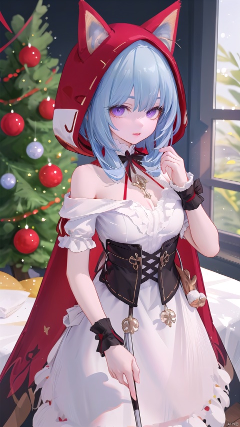  1 girl, solo, portrait, in Sexy off-the-shoulder Christmas skirt, look at viewer, blue eyes,Cool tone, Professional studio, Behind is the Christmas tree and Christmas presents, short hair, necklace, earings, elegant, , light master

(rglx:1.2), 1girl, purple eyes, red hood, cat ears hood, dress, red cape, white waist apron,
