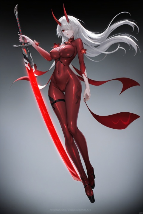  score_9, score_8_up, score_7_up, good hands
whuangquan, white hair, asymmetrical clothes, 1girl, breasts, long hair, red eyes, hair over one eye,navel,bangs,cleavage, bloody hand, single glove, 
jijia, 2d, anime, 1girl, solo, weapon, bodysuit, breasts,  sword, long hair, skin tight, katana, oni horns, covered nipples, bangs, holding weapon, large breasts, full body, latex, latex bodysuit, platform footwear, looking at viewer, holding, sheath, holding sword, impossible bodysuit, red bodysuit, oni, impossible clothes, blunt bangs, shiny, shiny clothes,a woman in a red bodysuit holding a sword,a woman in red skin with a giant sword
