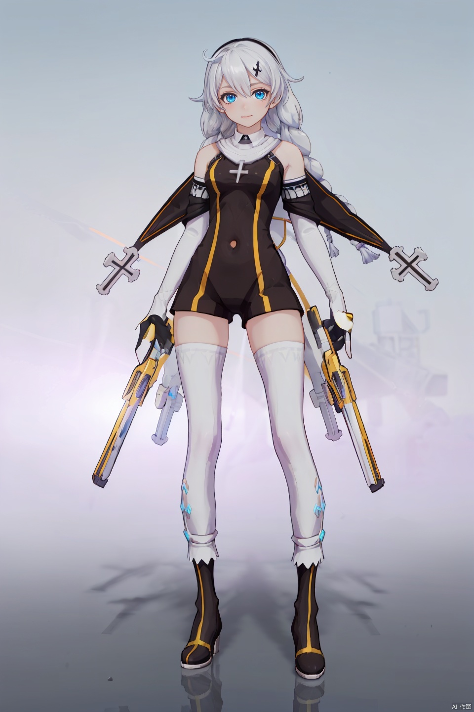 4 girls,Many girls,full-body,each girl has weapons, technological weapons,The overall style is slightly brighter, with a golden mecha **** behind it that exudes a strong sense of technology,masterpiece,best quality,Ultra-high resolution,Realistic,The overall style is golden, with golden armor that shines,sense of reality,The ultimate detail,8K wallpaper,Professional lighting,The perfect hand,Realistic hands,1girl,solo,standing,Technological city background, sunshine, futuristic technology, perfect face,full bodyWearing a mecha,mechanical joint,dynamic posture,machinery,Heela collections,((dynamic pose), technological weapons, 
\\\\\\\\\\\\\\\\\


shennv, 1girl, braid, thighhighs, long hair, blue eyes, twin braids, gloves, white thighhighs, kiana kaslana, white gloves,