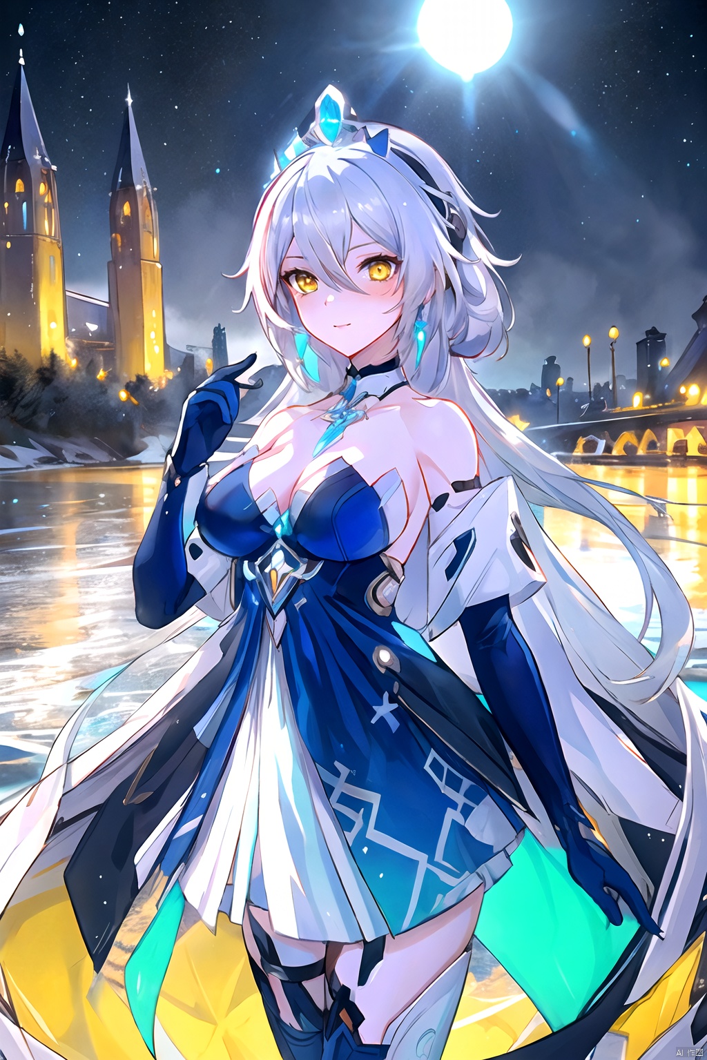  (Masterpiece) ,intricate details, outdoor,great cit,cityscape,river,white theme, lucid surface futuristic internals, a beautiful women cyborg with white long hair and iridescent eyes,a lot Embossed decorations with gold trim on suite, cowboy shot, sun light, haoche,jiqi, art style,
////////////
lindong,1girl,kiana kaslana,long hair,blue elbow gloves,bare shoulders,yellow eyes,boots,bangs,breasts,white thighhighs,jewelry,diamond-shaped pupils,hair between eyes,blue dress,tiara, haoche, 2girls,large breasts, beautiful face,鏃�