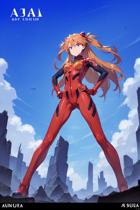 score_9, score_8_up, score_7_up, score_6_up,jijia, 2d, anime, hands on hips, 1girl, souryuu asuka langley, plugsuit, blue eyes, long hair, sky, mecha, cloud, legs apart, bodysuit, robot, eva 02, day, standing, looking at viewer, breasts, two side up, pilot suit, blue sky, gloves, orange hair, bangs, copyright name, headgear, small breasts, turtleneck, science fiction, hair between eyes, hair ornament, outdoors, solo, red bodysuit, glowing, smile, closed mouth, bracer,a woman standing next to a giant robot,anime girl standing in front of a giant robot