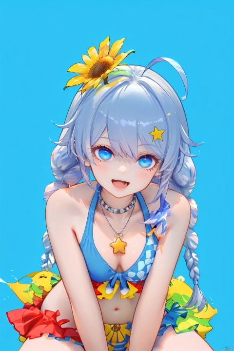  nai3, 1girl, solo, ahoge, virtual youtuber, , flower, looking at viewer, sitting, open mouth, smile,bangs,between legs, sunflower, :d, hand between legs, blue background, fang, feet out of frame,haoche
\\\\\\\\\\\\\\
yz, swimsuit, blue eyes, bikini, long hair, sunflower, twin braids, braid, necklace, hair
