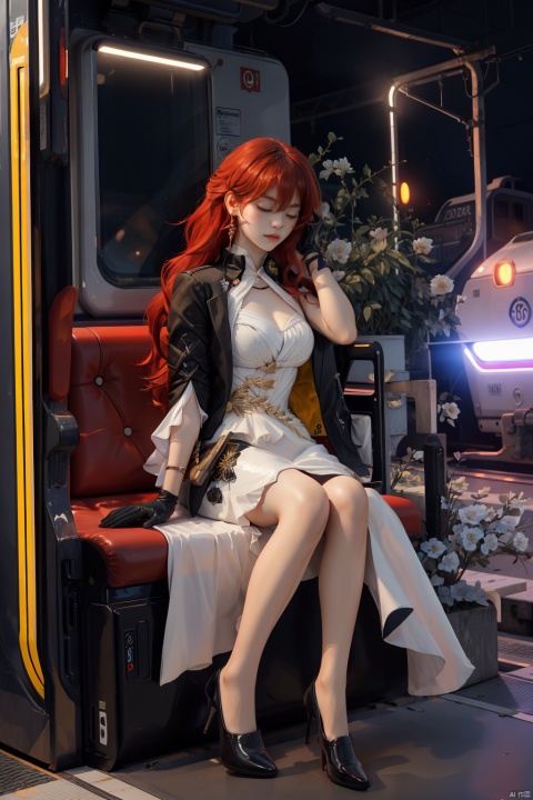 1man leans against the door of a train, her eyes closed as she listens to music through she headphones,The train is passing through a city at night, and the city lights flicker in the window behind him,his face is serene, a contrast to the bustling world outside,The scene captures a moment of personal tranquility amidst the urban chaos,
\\\\\\\\\\\\\\
jizi,def clothes,Black coat,1girl,dress,red hair,white dress,single glove,yellow eyes,long hair,bangs,blackfootwear,breasts, beautiful face, realism