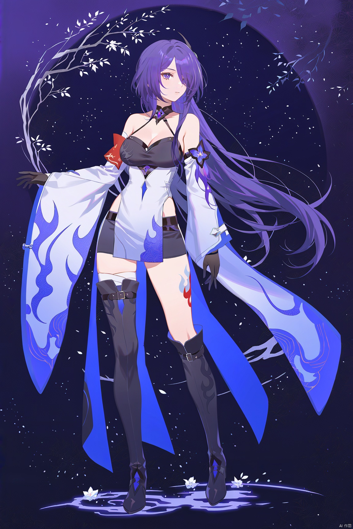  line art,line style,as style,best quality,masterpiece,
 The image features a Q version of cute cartoon girl wearing ancient costume, simple pattern, full body portrait, standing pose, legs straight, hands on both sides, minimalist painter style, ancient Chinese style, vector illustration, clean background
huangquan, def clothe, 1girl, long hair, purple eyes, purple hair, hair over one eye, thighhighs, breasts, boots, black gloves, blacks horts, cleavage, ( left single sleeve), long sleeve,