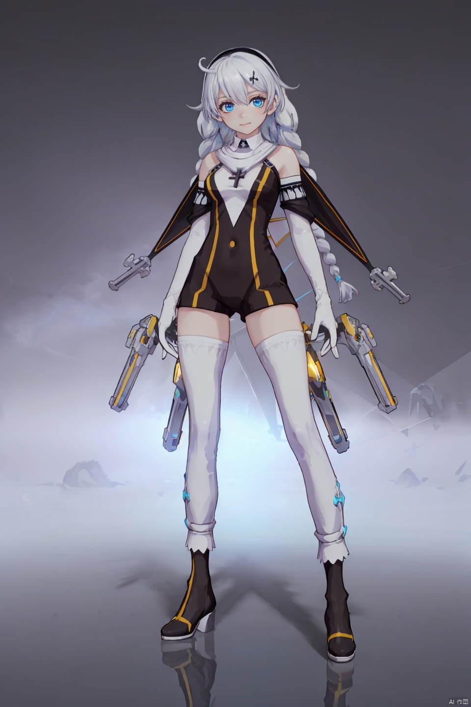 4 girls,Many girls,full-body,each girl has weapons, technological weapons,The overall style is slightly brighter, with a golden mecha **** behind it that exudes a strong sense of technology,masterpiece,best quality,Ultra-high resolution,Realistic,The overall style is golden, with golden armor that shines,sense of reality,The ultimate detail,8K wallpaper,Professional lighting,The perfect hand,Realistic hands,1girl,solo,standing,Technological city background, sunshine, futuristic technology, perfect face,full bodyWearing a mecha,mechanical joint,dynamic posture,machinery,Heela collections,((dynamic pose), technological weapons, 
\\\\\\\\\\\\\\\\\


shennv, 1girl, braid, thighhighs, long hair, blue eyes, twin braids, gloves, white thighhighs, kiana kaslana, white gloves,