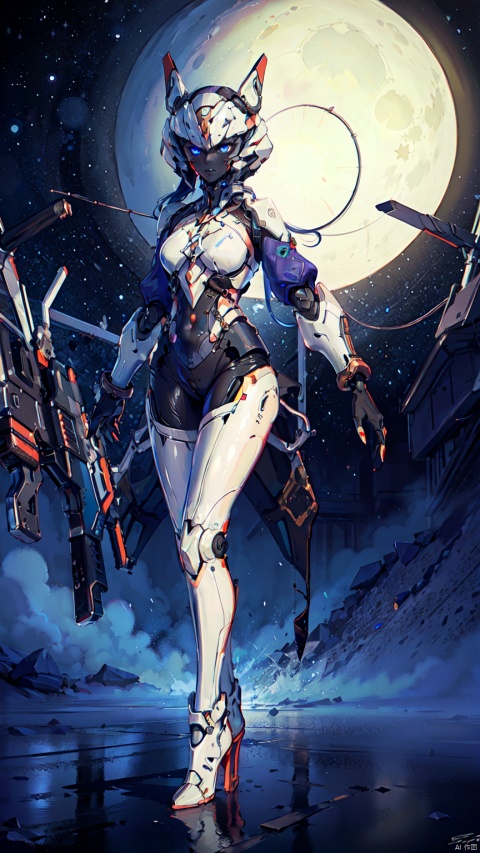  8k, best quality, masterpiece, (ultra-detailed:1.1), (high detailed skin),
(full body:1.3),
////////////////////////
jiqi, art style, robot, mecha, science fiction, no humans, weapon, humanoid robot, holding gun, solo, holding weapon, gun, holding, cable, sky, glowing, moon, extra eyes, looking ahead, smoke, wire
///////////////////////////////
(beautiful_face), ((intricate_detail)), clear face,
((finely_detailed)), fine_fabric_emphasis,
((glossy)), full_shot,