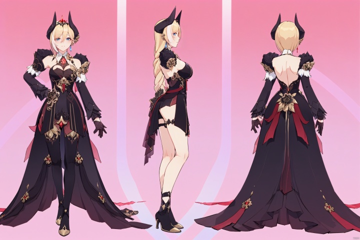  8k, best quality, masterpiece, (ultra-detailed:1.1), (high detailed skin),
(full body),
,,
dyl,1girl,blonde hair,gloves,blue eyes,horns,breasts,blackgloves,blackdress,blacksinglethighhigh,earrings,jewelry,
///////////////////////////////
clothesviews, Different clothes, Dress-up display, multiple views, looking_at_viewer,full body, back ,pink background,
\\\\\\\\\\\\\\\\\\\\\\