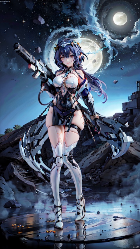  8k, best quality, masterpiece, (ultra-detailed:1.1), (high detailed skin),
(full body:1.3),
////////////////////////
jiqi, art style, robot, mecha, science fiction, no humans, weapon, humanoid robot, holding gun, solo, holding weapon, gun, holding, cable, sky, glowing, moon, extra eyes, looking ahead, smoke, wire
///////////////////////////////
(beautiful_face), ((intricate_detail)), clear face,
((finely_detailed)), fine_fabric_emphasis,
((glossy)), full_shot,
