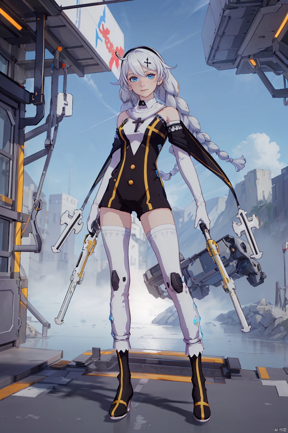 4 girls,Many girls,full-body,each girl has weapons, technological weapons,The overall style is slightly brighter, with a golden mecha **** behind it that exudes a strong sense of technology,masterpiece,best quality,Ultra-high resolution,Realistic,The overall style is golden, with golden armor that shines,sense of reality,The ultimate detail,8K wallpaper,Professional lighting,The perfect hand,Realistic hands,1girl,solo,standing,Technological city background, sunshine, futuristic technology, perfect face,full bodyWearing a mecha,mechanical joint,dynamic posture,machinery,Heela collections,((dynamic pose), technological weapons, 
\\\\\\\\\\\\\\\\\


shennv, 1girl, braid, thighhighs, long hair, blue eyes, twin braids, gloves, white thighhighs, kiana kaslana, white gloves,