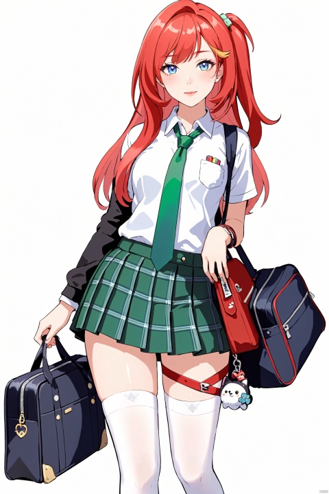  nai3,masterpiece, best quality,1girl, alternate costume, solo, bag, looking at viewer, blush, plaid, charm (object), bag charm, bangs, contemporary, sidelocks, jewelry, character name, female woman, white background, \\\\\\\\\ nai3, masterpiece, best quality,1girl, school uniform, alternate costume, solo, skirt, bag, necktie, multicolored hair, looking at viewer, blush, plaid skirt, school bag, plaid, charm (object), bag charm, sidelocks, jewelry, pleated skirt, green skirt, white shirt, green necktie, collared shirt, character name, female child, white background,school_uniform,school_girl,school_uniforms, \\\\\\\\\\\, xndy,1girl,blue eyes,navel,red long hair,white thighhighs,single glove,