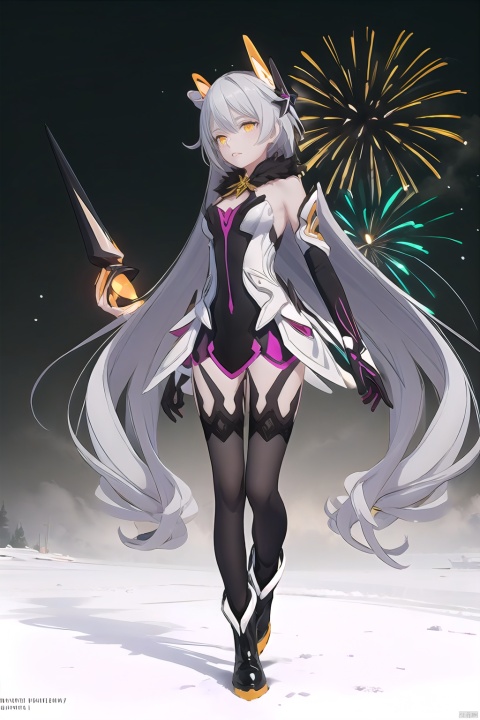  1 girl, fireworks background, New Year, 2024 Year,from below,number background, 
\\\\\\\\\\\\\\\\\\\\\\\\\\
1gril,fullbody, on other colors. The headgear should be depicted in a stylized, modern form. The illustration should be flat and minimalist, with a white background to emphasize the character's whimsical side profile and headgear, resonating with the geometric aesthetic we established earlier.
\\\\\\\\\\\\\\\\\\\\\
konglv, (+ +, cross-shaped pupils:1.2), 1girl, long hair, gloves, kiana kaslana, thighhighs, asymmetrical gloves, hair ornament, breasts, bangs, single elbow glove, black footwear, yellow eyes,