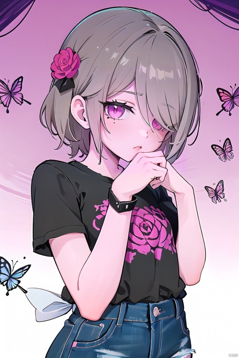  best,8k,UHD,masterpiece,bright ,high quality,flat color,1girl,
//////////////
Anime girl holding a red lotus flower. There are white butterflies and black butterflies flying around her, and there is a cobweb on her arm. The background is dark with many black leaves scattered around.
\\\\\\\\\\\
“Girl_in_the_Spider’s_Web”
white_and_purple_butterfly_accessories,
white_butterflies,
cobweb_background,
gothic,
surreal,
fantasy,
manga,
dark_romantic,
\\\\\\\\\\\\\\
aqw,rita rossweisse,1girl,hair over one eye,short hair,mole under eye,brown hair,
\\\\\\\\
,(t-shirt,cool,blue_jeans),,, beautiful face