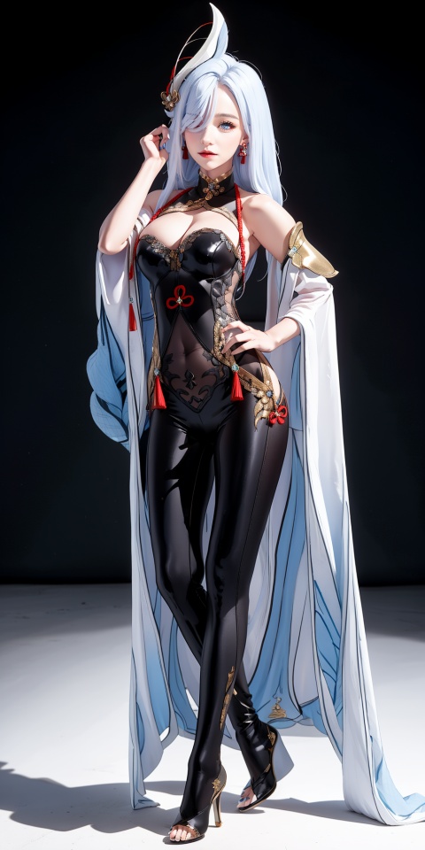  masterpiece, best quality, shenhe,shenhe \(genshin impact\), full body, silver long hair, hair ornament,bodysuit,breasts contain,blue eyes, braid, earrings, gloves, hair ornament, (hair over one eye:1.2), jewelry, long hair, looking at viewer, medium breasts, navel,solo,
grey background, full_body,high heels, 1girl, shenhe, chinese clothes, 1 girl
