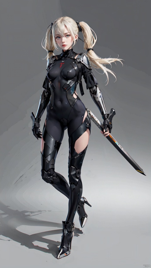  8k, best quality, masterpiece, (ultra-detailed:1.1), (high detailed skin),
(full body:1.3),
////////////////////////
jiqi, art style, 1girl, solo, weapon, holding, sword, holding weapon, yellow eyes, twintails, sheath, holding sword, white hair, long hair, standing, full body, gradient, gradient background, bodysuit, breasts, cyborg, small breasts, closed mouth, grey background, white background, katana, looking to the side, ass visible through thighs, scabbard, looking away, simple background, bangs, mechanical arms, holding sheath, shadow, thighhighs, legs apart, armor, hair between eyes, black bodysuit, mecha musume, thick eyebrows, prosthesis, science fiction, mechanical legs, prosthetic leg, gloves, gauntlets, two-tone background, single thighhigh, leotard, dual wielding, sheathed, unsheathing, asymmetrical legwear, headgear, covered navel, short eyebrows, boots, armored boots, grey bodysuit, black gloves, fighting stance, hair ornament, turtleneck, single mechanical arm, short twintails, grey hair, frown, medium hair, unsheathed, uneven legwear, english text, black leotard, messy hair, asymmetrical clothes, prosthetic arm, dated, greaves, reverse grip, robot joints, medium breasts, silhouette,
///////////////////////////////
(beautiful_face), ((intricate_detail)), clear face,
((finely_detailed)), fine_fabric_emphasis,
((glossy)), full_shot, beautiful face, Anime, fantasy