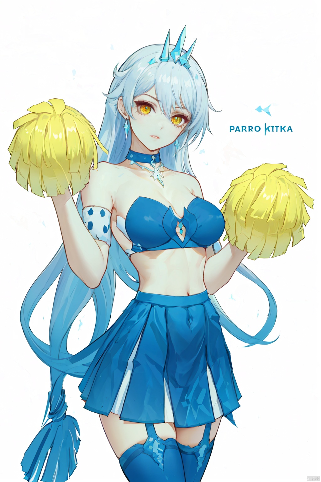  8k, best quality, masterpiece, (ultra-detailed:1.1), (high detailed skin), miyuki, Art style, clean and crisp picture, 1girl,  breasts, solo, green eyes, pom pom (cheerleading), cheerleader, long hair, thighhighs, skirt, looking at viewer, large breasts, panties, hibiki (cheerleader) (blue archive), cleavage, white thighhighs, navel, underwear,white background, cosplay, holding, simple background, parted lips, yellow panties, skindentation, holding pom poms, white skirt,pleated skirt, thighs, stomach, detached collar, bikini  
//////////////
nai3, 1girl, solo
\\\\\\\\\\\\\\
(lindong),1girl,kiana kaslana,long hair,bare shoulders,yellow eyes,bangs,breasts,jewelry,diamond-shaped pupils,hair between eyes,tiara,Crystal Trident tiara, melowh, clean and crisp pict