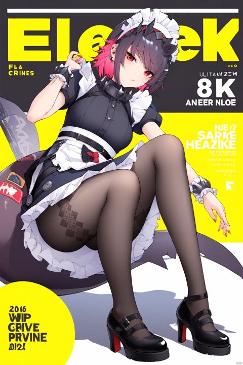  8k,best quality,masterpiece,(ultra-detailed),(high detailed skin),
magazine, (cover-style:1.1), fashionable, vibrant,  posing, front, colorful, solo, looking at viewer, 
Ellen Joe, maid, shark tail, (shark girl:0.5), 1girl, red eyes, tail, pantyhose, multicolored hair, black footwear, short sleeves, apron, wrist cuffs, maid headdress,