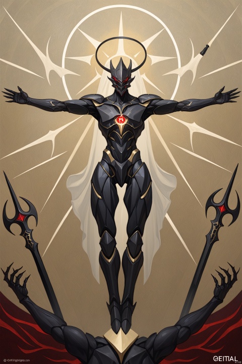  best quality,masterpiece,jijia, 2d, anime, solo, halo, weapon, armor, extra arms, polearm, floating, outstretched arms, helmet, open hands, no humans, spear, full body, full armor,a painting of a demon with five arms,a drawing of a dark character standing in front of a symbol