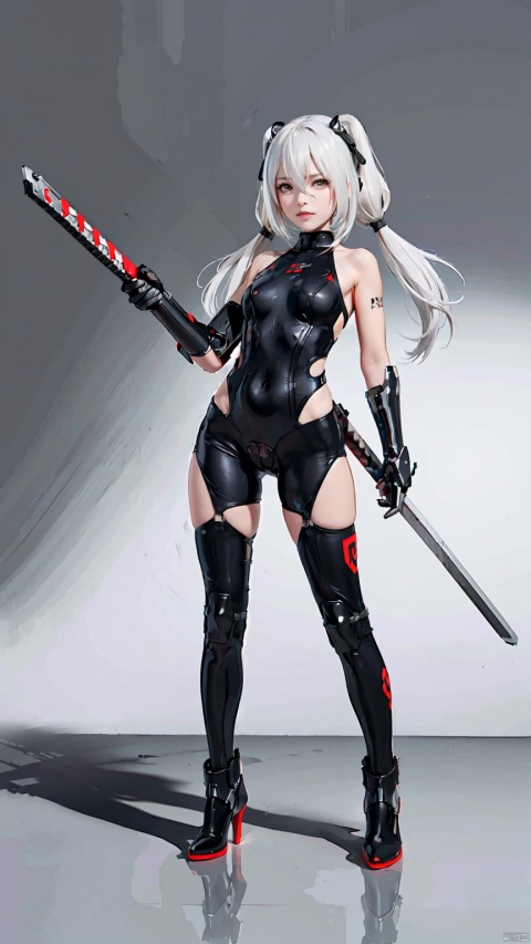  8k, best quality, masterpiece, (ultra-detailed:1.1), (high detailed skin),
(full body:1.3),
////////////////////////
jiqi, art style, 1girl, solo, weapon, holding, sword, holding weapon, yellow eyes, twintails, sheath, holding sword, white hair, long hair, standing, full body, gradient, gradient background, bodysuit, breasts, cyborg, small breasts, closed mouth, grey background, white background, katana, looking to the side, ass visible through thighs, scabbard, looking away, simple background, bangs, mechanical arms, holding sheath, shadow, thighhighs, legs apart, armor, hair between eyes, black bodysuit, mecha musume, thick eyebrows, prosthesis, science fiction, mechanical legs, prosthetic leg, gloves, gauntlets, two-tone background, single thighhigh, leotard, dual wielding, sheathed, unsheathing, asymmetrical legwear, headgear, covered navel, short eyebrows, boots, armored boots, grey bodysuit, black gloves, fighting stance, hair ornament, turtleneck, single mechanical arm, short twintails, grey hair, frown, medium hair, unsheathed, uneven legwear, english text, black leotard, messy hair, asymmetrical clothes, prosthetic arm, dated, greaves, reverse grip, robot joints, medium breasts, silhouette,
///////////////////////////////
(beautiful_face), ((intricate_detail)), clear face,
((finely_detailed)), fine_fabric_emphasis,
((glossy)), full_shot, beautiful face, Anime