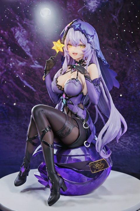 nai3, 1girl, solo, ahoge, virtual youtuber, , flower, looking at viewer, sitting, open mouth, smile,bangs,between legs, :d, hand between legs, purple background, fang, feet out of frame,haoche\\\\\\\\\\\\\\stars,moon,cards,floating things,

hte,1girl,long hair,boots,purple hair,black gloves,veil,cleavage,pantyhose,large breasts,shorts,yellow eyes, figure