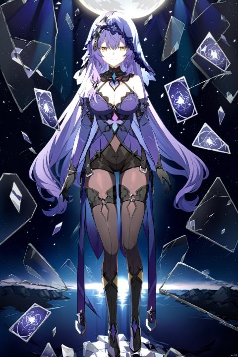  (best quality), (masterpiece),anime style,score_9, score_8_up, score_7_up, (tarot:1.2),source_anime, 1girl, IncrsXLBrknGls, broken glass, reflection, full body, ,smile,mysterious,//////
,stars,moon,cards,floating things,////////////,
hte,1girl,long hair,boots,purple hair,black gloves,veil,cleavage,pantyhose,large breasts,shorts,yellow eyes, figure