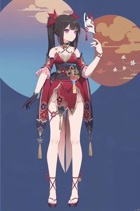  line art,line style,as style,best quality,masterpiece,
 The image features a Q version of cute cartoon girl wearing ancient costume, simple pattern, full body portrait, standing pose, legs straight, hands on both sides, minimalist painter style, ancient Chinese style, vector illustration, clean background
huahuo, 1girl, single_glove, mask on head, sash, black hair, twintails, purple eyes, obi, (fox mask:1.1), single glove, japanese clothes, (Cherry blossom tattoo, chest tattoo:1.1),