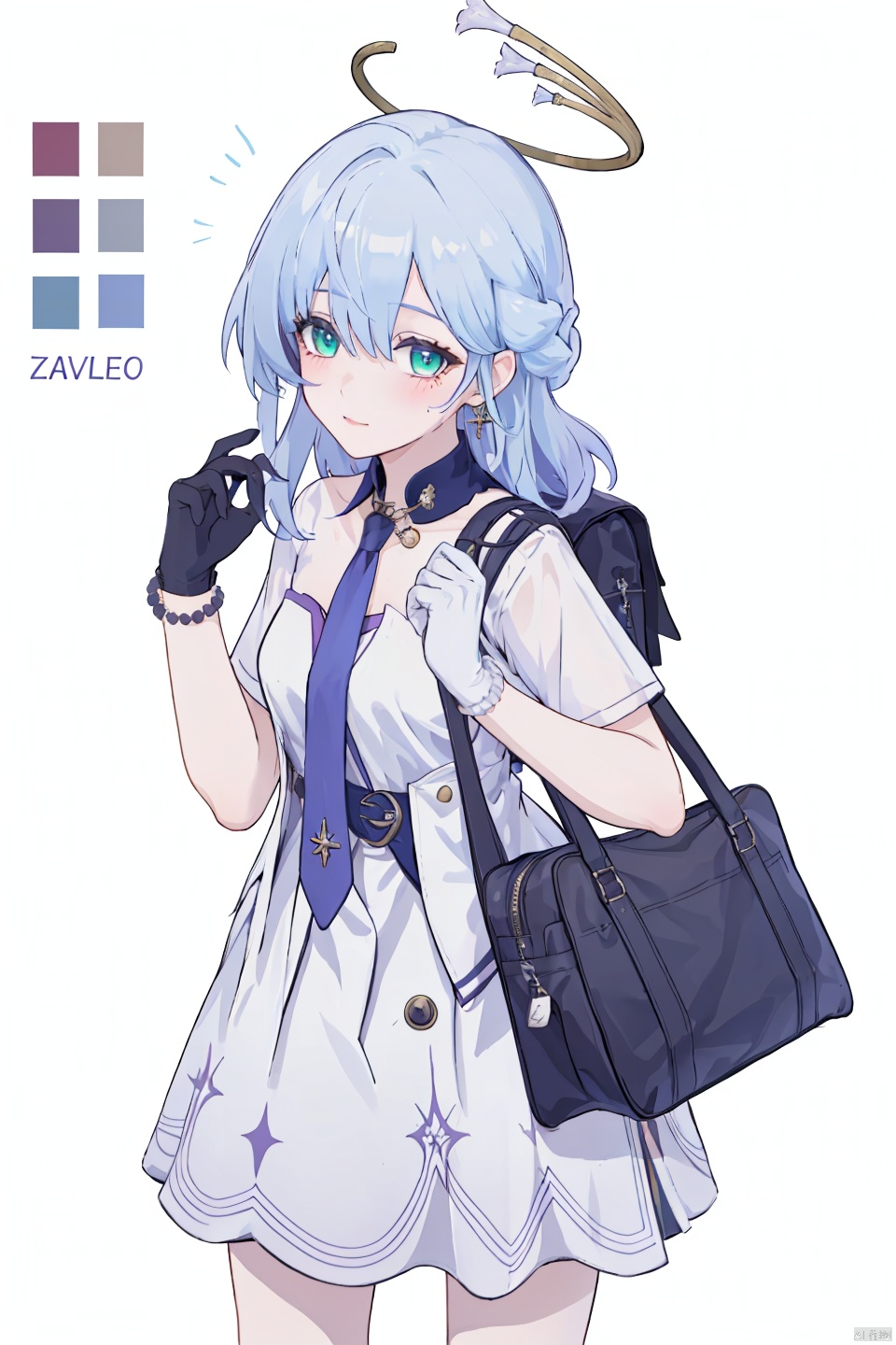  masterpiece, best quality,1girl, alternate costume, solo, bag, looking at viewer, blush, plaid, charm (object), bag charm, bangs, contemporary, sidelocks, jewelry, character name, female woman, white background, 
\\\\\\\\\
nai3, masterpiece, best quality,1girl, school uniform, alternate costume, solo, skirt, bag, necktie, multicolored hair,  looking at viewer, blush, plaid skirt, school bag, plaid, charm (object), bag charm, sidelocks, jewelry, pleated skirt, green skirt, white shirt, green necktie, collared shirt, character name, female child, white background,school_uniform,school_girl,school_uniforms,
\\\\\\\\\\\,
zgn,1girl,long hair,halo,blue eyes,gloves,bangs,blue hair,
