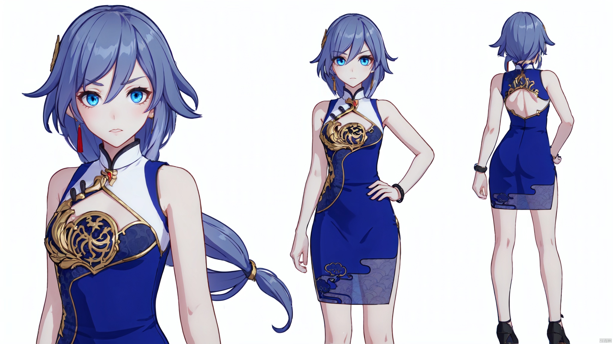  8k, best quality, masterpiece, (ultra-detailed:1.1), (high detailed skin),
(full body:1.3),
////////////////////////
qingyan,1girl,fu hua,chinese clothes,blue eyes,short china dress,lhair ornament,black hair,bangs,bare hands,sleeveless,blue eyes,
///////////////////////////////
clothesviews, Different clothes, Dress-up display, multiple views, looking_at_viewer,full body, back ,white background, simple background,
\\\\\\\\\\\\\\\\\\\\\\
(beautiful_face), ((intricate_detail)), clear face,
((finely_detailed)), fine_fabric_emphasis,
((glossy)), full_shot, Anime, melowh, Art style, fantasy