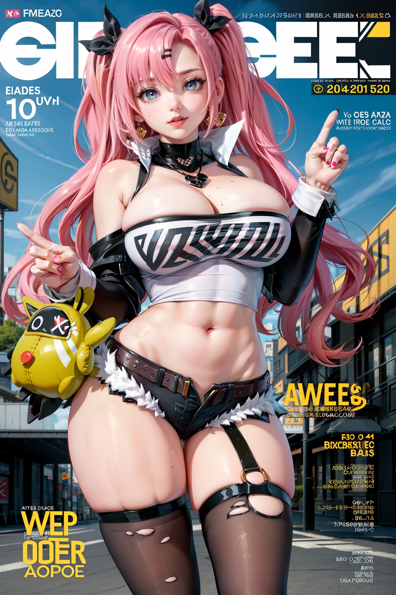  (best quality), (ultra detailed), ((masterpiece)), sfw,consored,illustration, ray tracing,contrapposto, female focus,model, 
///////////////////
nike, 1girl, large breasts, hair ribbon, twintails, pink hair, tube top, midriff, black shorts, (single thighhigh:1.2),
//////////////////////////
sexy, fine fabric emphasis,wall paper, crowds, fashion, Lipstick, depth of field, street, in public,(Magazine cover:1.2),(title),(Magazine cover-style illustration of a fashionable woman), posing in front of a colorful and dynamic background. (The text on the cover should be bold and attention-grabbing, with the title of the magazine and a catchy headline). ,olyaya