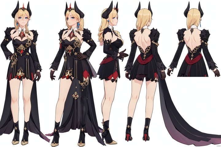  8k, best quality, masterpiece, (ultra-detailed:1.1), (high detailed skin),
(full body),
,,
dyl,1girl,blonde hair,gloves,blue eyes,horns,breasts,blackgloves,blackdress,blacksinglethighhigh,earrings,jewelry,
///////////////////////////////
clothesviews, Different clothes, Dress-up display, multiple views, looking_at_viewer,full body, back ,white background, simple background,
\\\\\\\\\\\\\\\\\\\\\\