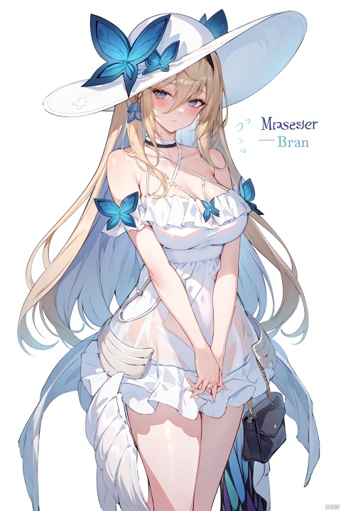  masterpiece, best quality,1girl, alternate costume, solo, bag, looking at viewer, blush, plaid, charm (object), bag charm, bangs, contemporary, sidelocks, jewelry, character name, female woman, white background, 
\\\\\\\\\\\,
abyz,see-through dress,1girl,hat,breasts,long hair,dress,butterfly,blond hair
