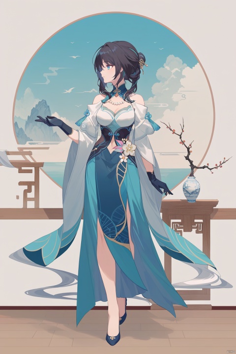  line art,line style,as style,best quality,masterpiece,
 The image features a Q version of cute cartoon girl wearing ancient costume, simple pattern, full body portrait, standing pose, legs straight, hands on both sides, minimalist painter style, ancient Chinese style, vector illustration, clean background
ruanmei, def clothe, 1girl, gloves, blue eyes, black hair, dress, breasts, high heels, chinese clothes,