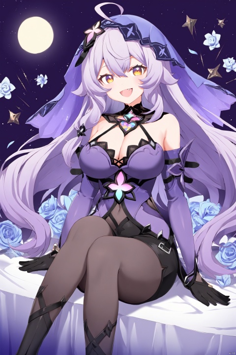 nai3, 1girl, solo, ahoge, virtual youtuber, , flower, looking at viewer, sitting, open mouth, smile,bangs,between legs, :d, hand between legs, purple background, fang, feet out of frame,haoche\\\\\\\\\\\\\\stars,moon,cards,floating things,

hte,1girl,long hair,boots,purple hair,black gloves,veil,cleavage,pantyhose,large breasts,shorts,yellow eyes, figure