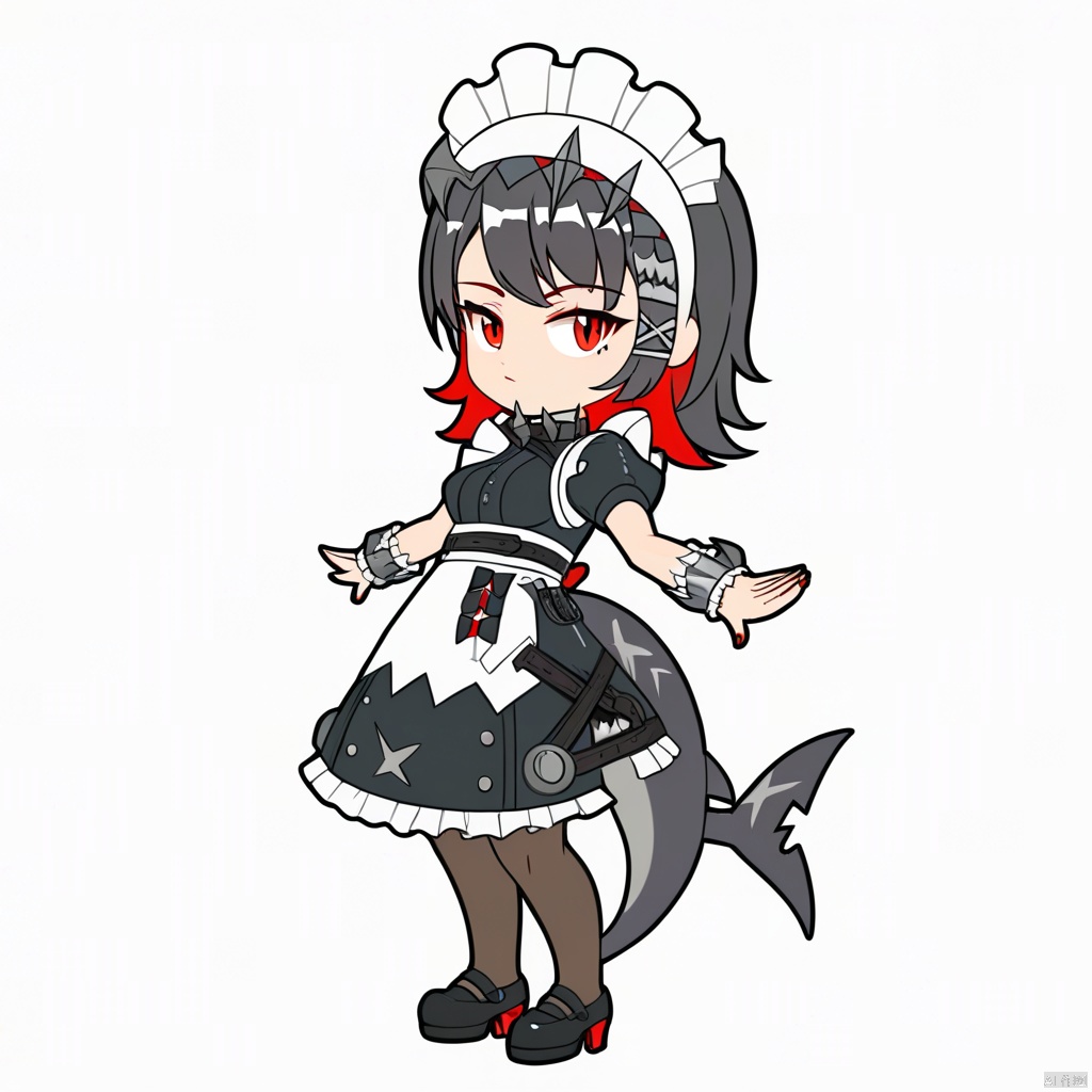 style-parody,chibi,,full_body,(masterpiece, best quality),standing,solo,(white background:1.2),simple background,
Ellen Joe, maid, shark tail, (shark girl:0.5), 1girl, red eyes, tail, pantyhose, multicolored hair, black footwear, short sleeves, apron, wrist cuffs, maidheaddress,