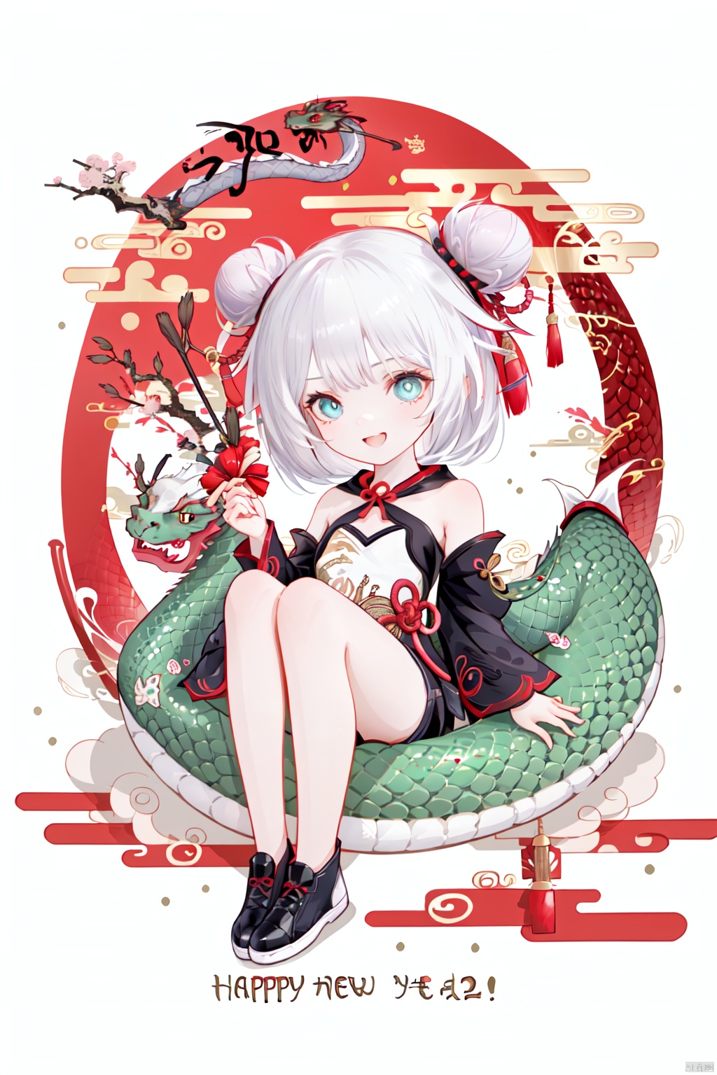  {artist:rella}, {artist:ask(askzy)},[artist:ningen_mame],artist:ciloranko, [artist:rei(sanbonzakura)],(hyper cute girl:1.1025), (flat color, vector art:1.3401), Chinese dragon theme, beautiful detailed eyes, hyper-detailed, hyper quality, eye-beautifully color, face, (her hair is shaped like a Chinese dragon, Chinese dragon, hair, Chinese dragon:1.2763), (1girl:1.2155), (high details, high quality:1.1576), (backlight:1.1576), high quality, (title:happy new year 2024:1.3), (cover design:1.2), simple background, cover art, trim, album_art, 
/, /, /, /, /, /, /, 
1girl, (chibi), (tangou:1.3), 1girl, theresa apocalypse, double bun, hair bun, chinese clothes, blue eyes, bare shoulders, bangs, white short hair, black shorts,
/, /, /, /, 
(((holding a little Chinese dragon))), (((sitting, Chinese dragon on legs))), [[smile]], large breast, dragon, (((Chinese dragon print))), (Loong:1.2), pajamas, kimono, bare shoulders, 
/, /, /, /, /, /, 
Chinese text,red_bandeau,year of the loong,loong pattern,lantern, red background, ((simple background)), ((happy new year 2024, new year theme, new year, 2024, gift box,)), (red decorations on dragon), ((Chinese new year)), Chinese knot, red ornaments, spring festival, 
/, /, /, /, /, /, /, 
hair with body, CTA dress, CAY leg, Loong hands, body with Loong, dress with Loong, light particles, (Hair with Loong:1.2155), small breast with Loong, 1girl, small breast, marbling with hair and clothes, (original:1.1025), (arm down:1.1025), (paper cutting:1.1025), 
------, 
Low saturation, grand masterpiece, Perfect composition, film light,lightart
,鏃�, eastern dragon, nai3