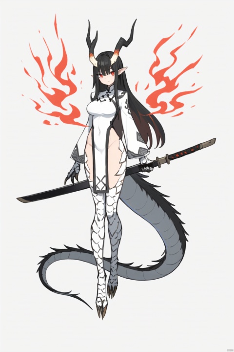  best quality,masterpiece,8k,(ultra-detailed),jijia, 2d, anime, 1girl, solo, weapon, sword, horns, tail, red eyes, holding, black hair, holding sword, holding weapon, dragon girl, claws, full body, dragon tail, dragon horns, fire, grey background, long hair, simple background, scales, looking at viewer, slit pupils, breasts, standing, closed mouth, wide sleeves, dress, long sleeves, colored skin, covered navel, medium breasts, multicolored hair, monster girl, bangs, pointy ears, sidelocks, pelvic curtain, katana, chinese clothes,a drawing of a woman holding a sword,a person with wings and a knife on their arm