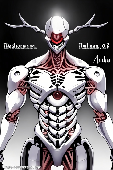  best quality,masterpiece,8k,(ultra-detailed),jijia, 2d, anime, White robot ,Front view of the robot,White background, english text, no humans, watermark, robot, mecha, science fiction, realistic, skeleton, non-humanoid robot, spine,Ribs, ulna, sternum, scapula, clavicle, mandible,Bionic muscle. Transparent skin. Transparent muscle.