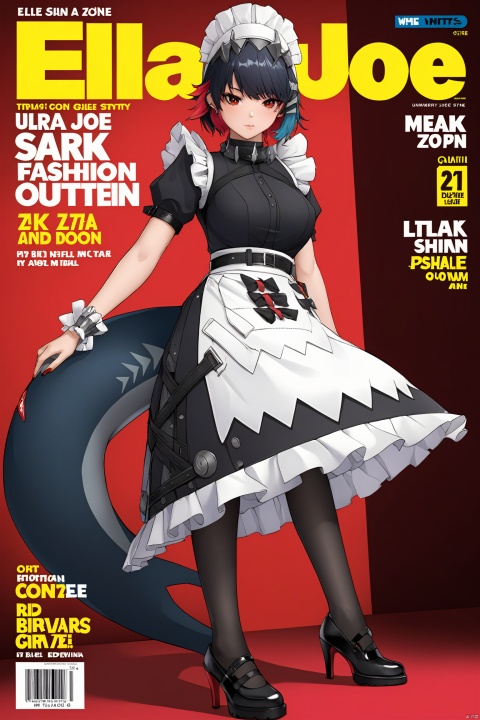 8k,best quality,masterpiece,(ultra-detailed),(high detailed skin),
magazine, (cover-style:1.1), fashionable, vibrant, outfit, posing, front, colorful, solo, looking at viewer, 
Ellen Joe, maid, shark tail, (shark girl:0.5), 1girl, red eyes, tail, pantyhose, multicolored hair, black footwear, short sleeves, apron, wrist cuffs, maid headdress,