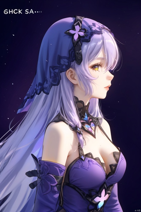  Revised sentence: "A solo girl . She has parted lips and is looking at the viewer from the side profile while standing against a simple purple background with a purple flower. Her upper body, which has English text on it. Additionally, she has bangs and another hair flower."
hte,1girl,long hair,boots,purple hair,black gloves,veil,cleavage,pantyhose,large breasts,shorts,yellow eyes,