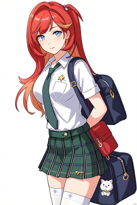  nai3,masterpiece, best quality,1girl, alternate costume, solo, bag, looking at viewer, blush, plaid, charm (object), bag charm, bangs, contemporary, sidelocks, jewelry, character name, female woman, white background, \\\\\\\\\ nai3, masterpiece, best quality,1girl, school uniform, alternate costume, solo, skirt, bag, necktie, multicolored hair, looking at viewer, blush, plaid skirt, school bag, plaid, charm (object), bag charm, sidelocks, jewelry, pleated skirt, green skirt, white shirt, green necktie, collared shirt, character name, female child, white background,school_uniform,school_girl,school_uniforms, \\\\\\\\\\\, xndy,1girl,blue eyes,navel,red long hair,white thighhighs,single glove,