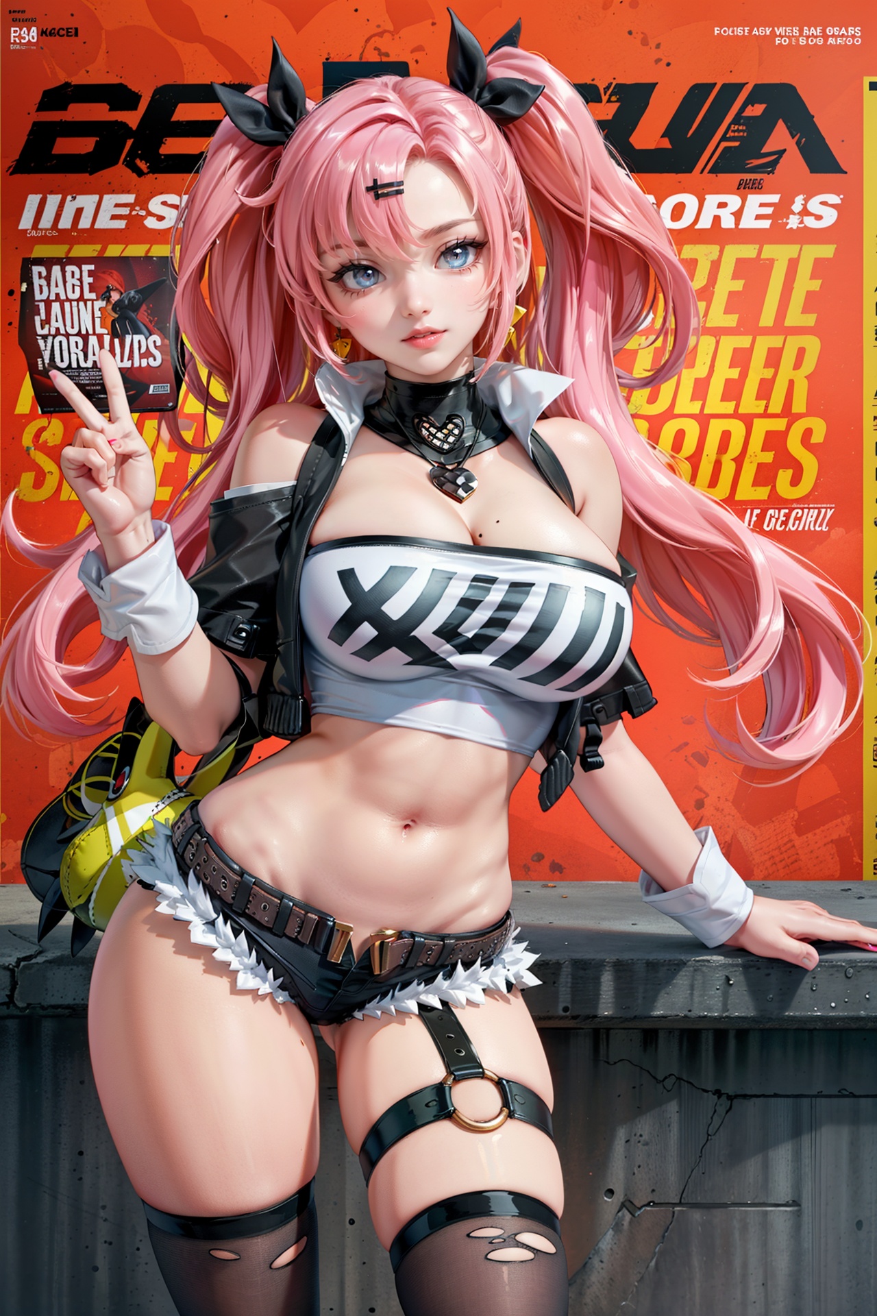  (best quality), (ultra detailed), ((masterpiece)), sfw,consored,illustration, ray tracing,contrapposto, female focus,model, 
///////////////////
nike, 1girl, large breasts, hair ribbon, twintails, pink hair, tube top, midriff, black shorts, (single thighhigh:1.2),
//////////////////////////
sexy, fine fabric emphasis,wall paper, crowds, fashion, Lipstick, depth of field, street, in public,(Magazine cover:1.2),(title),(Magazine cover-style illustration of a fashionable woman), posing in front of a colorful and dynamic background. (The text on the cover should be bold and attention-grabbing, with the title of the magazine and a catchy headline). ,olyaya