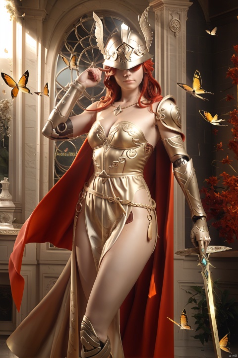  score_9, score_8_up, score_7_up, best quality, masterpiece, , jijia, 3d, CG, 1girl, prosthetic arm, prosthesis, winged helmet, long hair, red hair, helmet, weapon, red cape, sword, solo, single mechanical arm, mechanical arms, holding, cape, holding weapon, very long hair, breasts, holding sword, prosthetic leg, dress, covered eyes, closed mouth, armor, bug, butterfly, a painting of a woman holding a sword, a woman in a gown is holding a sword,