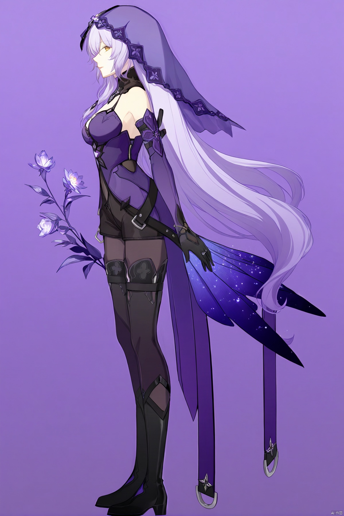 Revised sentence: "A solo girl . She has parted lips and is looking at the viewer from the side profile while standing against a simple purple background with a purple flower. Her upper body, which has English text on it. Additionally, she has bangs and another hair flower." hte,1girl,long hair,boots,purple hair,black gloves,veil,cleavage,pantyhose,large breasts,shorts,yellow eyes,