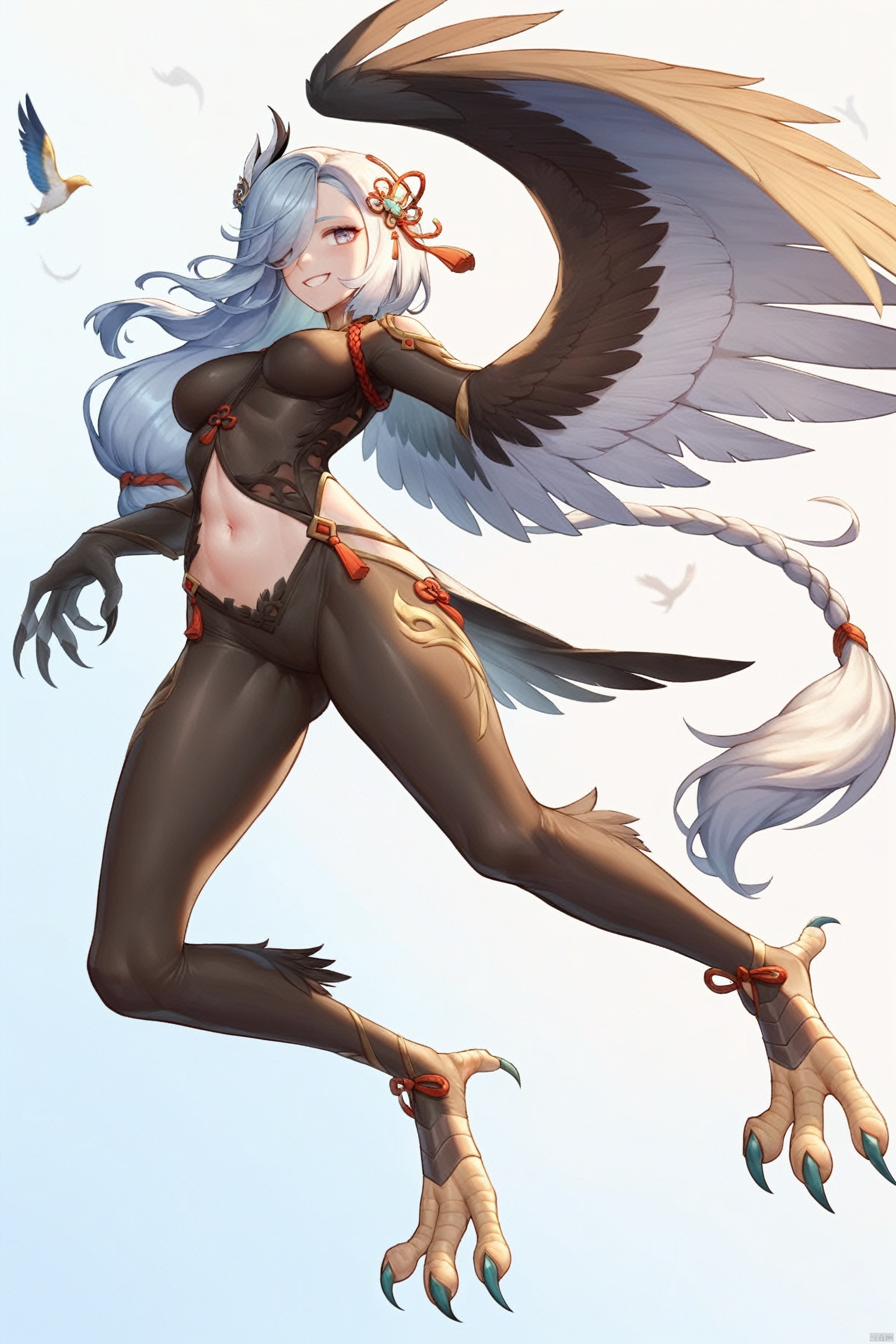  score_9, score_8_up, score_7_up, score_6_up,
shenhe \(genshin impact\), Shenhe's def clothes,1girl, long hair, hair over one eye, hair ornament,bodysuit,,
jijia, 2d, anime, 1girl, Birdwoman, wings,Harpy,solo, claws, tail, breasts, feathers, scales, talons, smile, monster girl, full body, navel, gradient, gradient background, personification, medium breasts, animal feet, teeth, signature, an illustration of a woman in an animal suit
