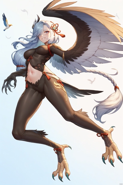  score_9, score_8_up, score_7_up, score_6_up,
shenhe \(genshin impact\), Shenhe's def clothes,1girl, long hair, hair over one eye, hair ornament,bodysuit,,
jijia, 2d, anime, 1girl, Birdwoman, wings,Harpy,solo, claws, tail, breasts, feathers, scales, talons, smile, monster girl, full body, navel, gradient, gradient background, personification, medium breasts, animal feet, teeth, signature, an illustration of a woman in an animal suit
