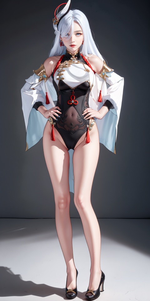  masterpiece, best quality, shenhe,shenhe \(genshin impact\), full body, silver long hair, hair ornament,bodysuit,breasts contain,blue eyes, braid, earrings, gloves, hair ornament, (hair over one eye:1.2), jewelry, long hair, looking at viewer, medium breasts, navel,solo,
grey background, full_body,high heels, 1girl, shenhe, chinese clothes, 1 girl