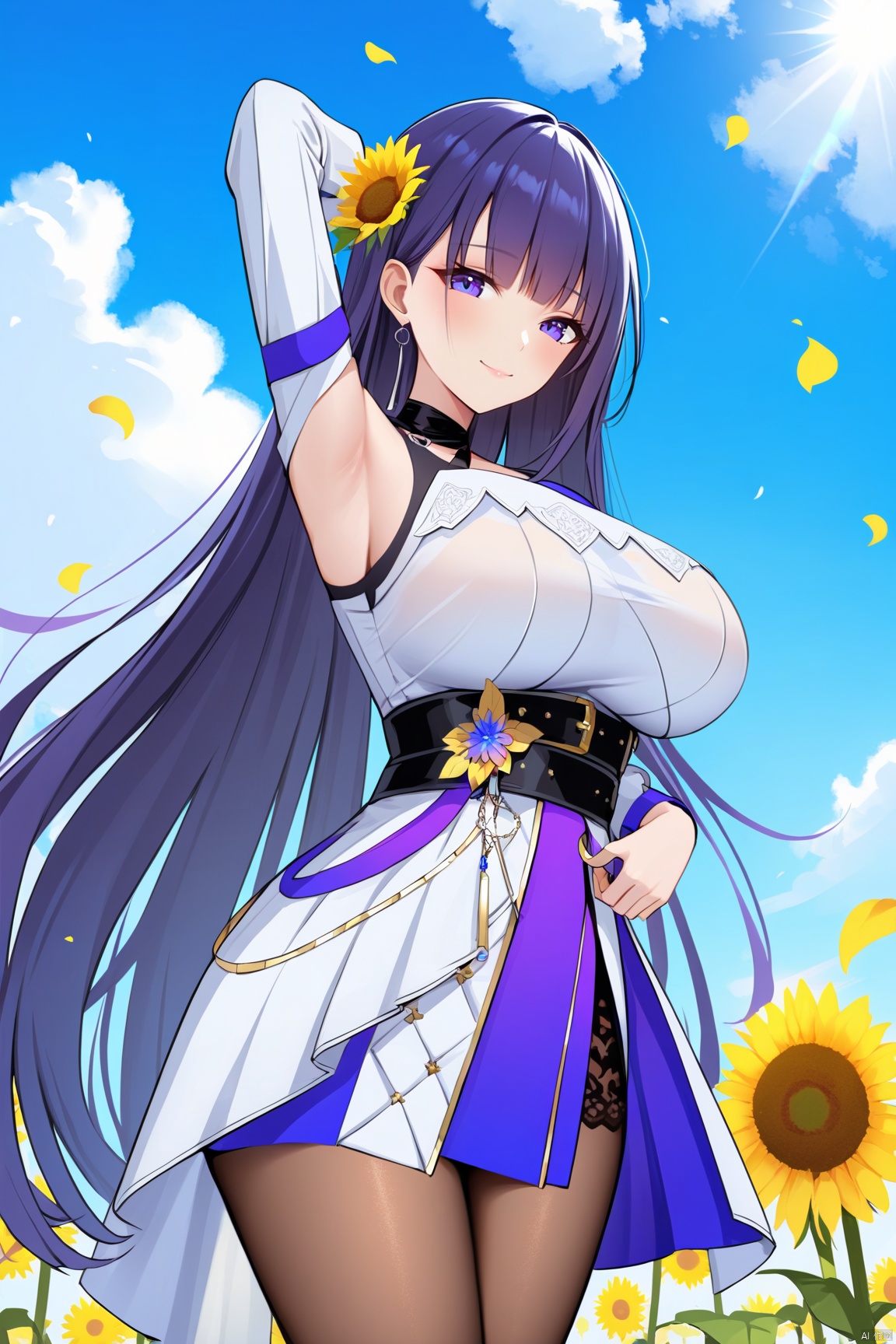  quality,masterpiece, 2nd clothes, houbeng, white dress, raiden mei, 1girl, long hair, purple eyes, pantyhose, purple hair,bangs,//BREAK,
1girl, sunflower, solo, flower, outdoors, breasts,smile, thighhighs, bangs, day, arm up, looking at viewer, sky, cloud, closed mouth, blue sky,blush, petals, standing,  yellow flower, cowboy shot, field, see-through, large breasts, ribbon, medium breasts,  //BREAK, fine fabric emphasis, maximalism, best quality, amazing quality, very aesthetic, absurdres, best quality, amazing quality, very aesthetic, absurdres, Highly detailed, best quality, masterpiece,
