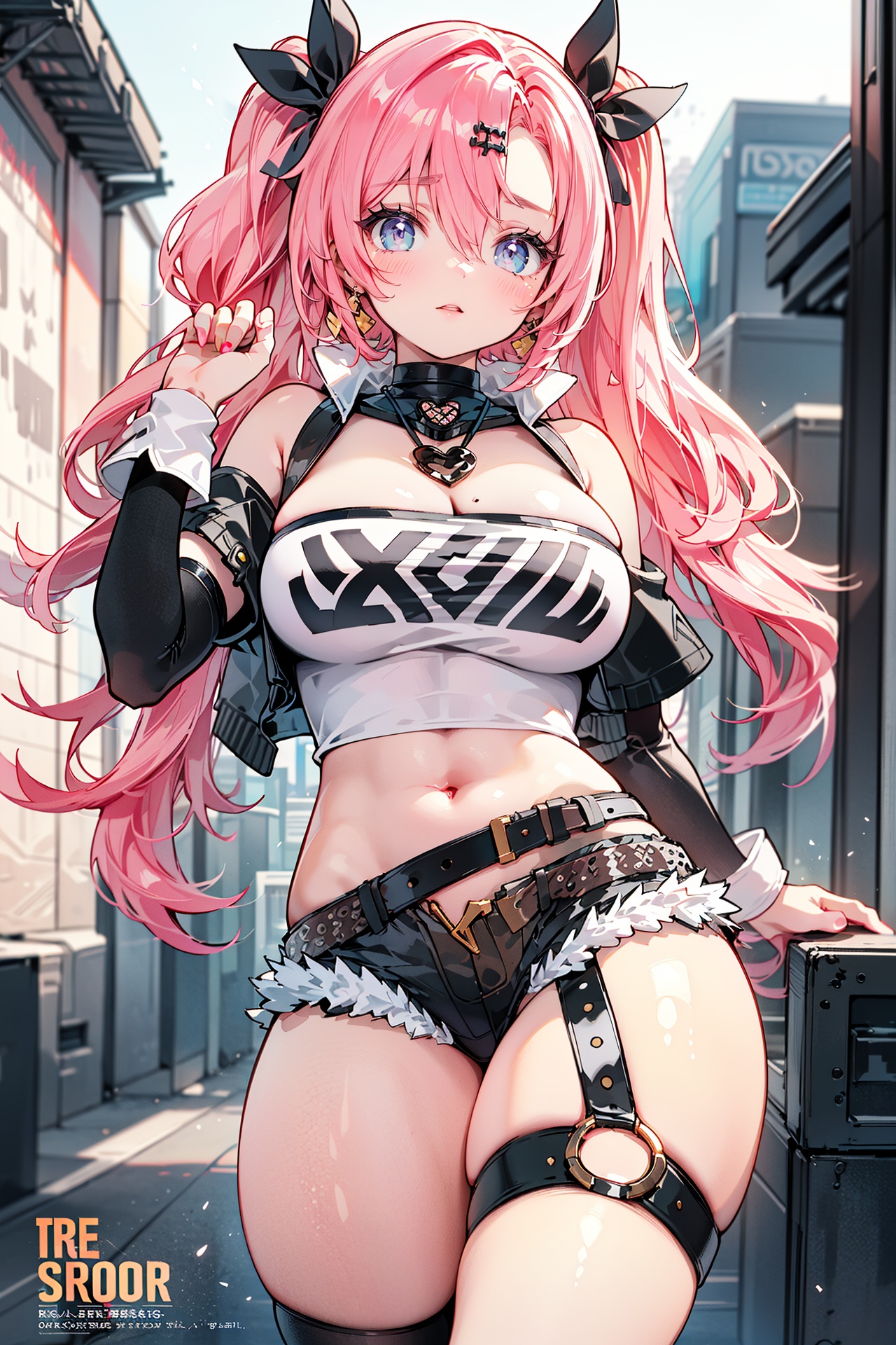  (best quality), (ultra detailed), ((masterpiece)), sfw,consored,illustration, ray tracing,contrapposto, female focus,model, 
///////////////////
nike, 1girl, large breasts, hair ribbon, twintails, pink hair, tube top, midriff, black shorts, (single thighhigh:1.2),
//////////////////////////
sexy, fine fabric emphasis,wall paper, crowds, fashion, Lipstick, depth of field, street, in public,(Magazine cover:1.2),(title),(Magazine cover-style illustration of a fashionable woman), posing in front of a colorful and dynamic background. (The text on the cover should be bold and attention-grabbing, with the title of the magazine and a catchy headline). ,olyaya