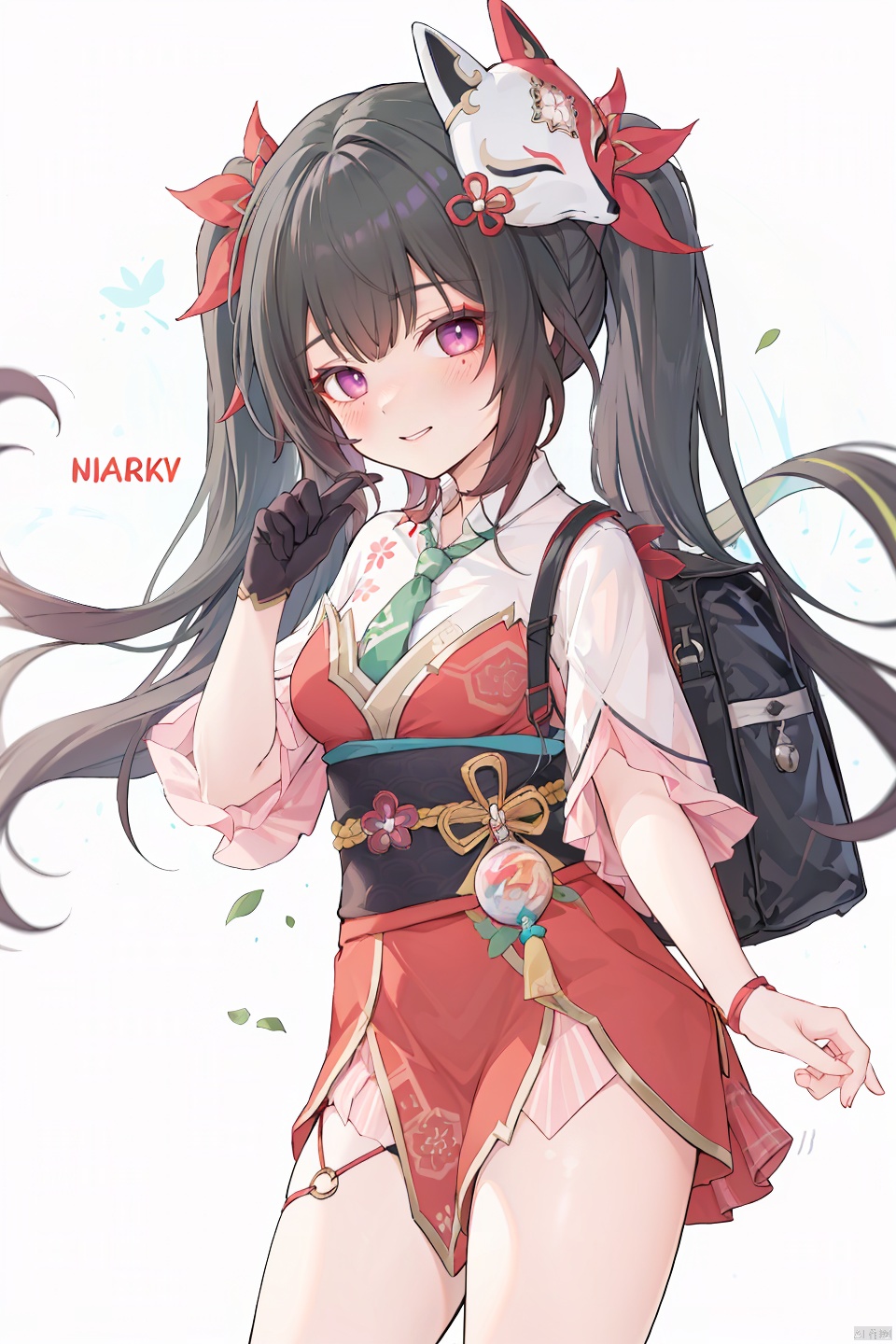  masterpiece, best quality,1girl, school uniform, alternate costume, solo, skirt, bag, necktie, multicolored hair, hair ornament, looking at viewer, blush, plaid skirt, school bag, plaid, charm (object), bag charm, cross-shaped pupils, bangs, contemporary, braid, hair between eyes, grey hair, sidelocks, jewelry, pleated skirt, green skirt, white shirt, green necktie, collared shirt, character name, female child, white background, leaf hair ornament, 

huahuo, 1girl, single_glove, mask on head, sash, black hair, twintails, purple eyes, obi, (fox mask:1.1), single glove,(Cherry blossom tattoo, chest tattoo:1.1),
